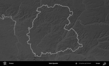 Aziz Quentin. Gri tonlu yükseklik haritasında Fransa 'nın idari bölgesinin ana hatları çizilmiş