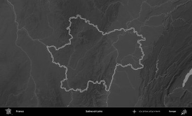 Saone-et-Loire. Gri tonlu yükseklik haritasında Fransa 'nın idari bölgesinin ana hatları çizilmiş