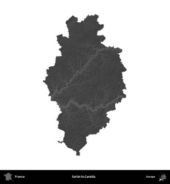 Sarlat-la-Caneda. Fransa 'nın idari bölgesi gri ölçekli yükseklik haritasında beyaza izole edildi