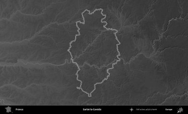 Sarlat-la-Caneda. Gri tonlu yükseklik haritasında Fransa 'nın idari bölgesinin ana hatları çizilmiş