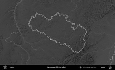 Sarrebourg-Chateau-Salins. Gri tonlu yükseklik haritasında Fransa 'nın idari bölgesinin ana hatları çizilmiş