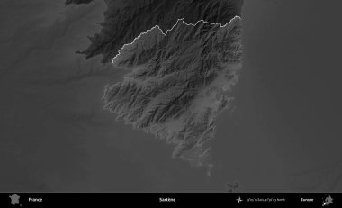 Sartene. Fransa 'nın idari alanı kararmış bir gri tonlama yükselme haritasına vurgulandı ve özetlendi