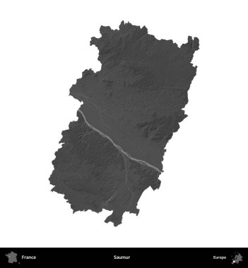 Saumur. Fransa 'nın idari bölgesi gri ölçekli yükseklik haritasında beyaza izole edildi
