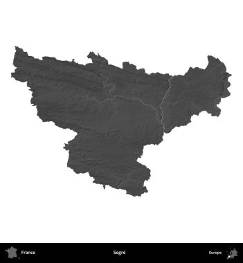 Segre. Fransa 'nın idari bölgesi gri ölçekli yükseklik haritasında beyaza izole edildi