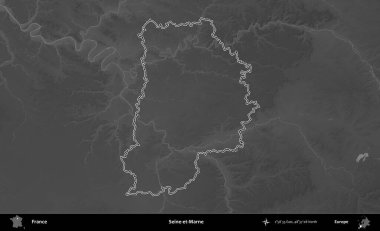 Seine-et-Marne. Gri tonlu yükseklik haritasında Fransa 'nın idari bölgesinin ana hatları çizilmiş