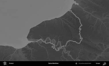 Sen-Denizcilik. Gri tonlu yükseklik haritasında Fransa 'nın idari bölgesinin ana hatları çizilmiş