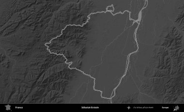 Selestat-Erstein. Gri tonlu yükseklik haritasında Fransa 'nın idari bölgesinin ana hatları çizilmiş