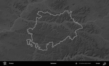 Soissonlar. Gri tonlu yükseklik haritasında Fransa 'nın idari bölgesinin ana hatları çizilmiş