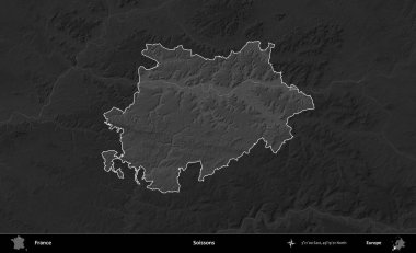 Soissonlar. Fransa 'nın idari alanı kararmış bir gri tonlama yükselme haritasına vurgulandı ve özetlendi