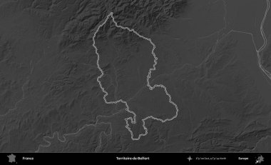 Territoire-de-Belfort. Gri tonlu yükseklik haritasında Fransa 'nın idari bölgesinin ana hatları çizilmiş