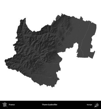 Thann-Guebwiller. Fransa 'nın idari bölgesi gri ölçekli yükseklik haritasında beyaza izole edildi