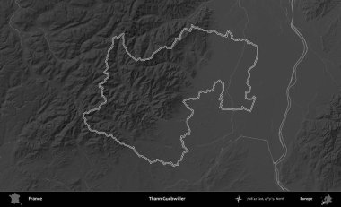 Thann-Guebwiller. Gri tonlu yükseklik haritasında Fransa 'nın idari bölgesinin ana hatları çizilmiş