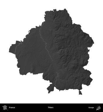 Hırsızlar. Fransa 'nın idari bölgesi gri ölçekli yükseklik haritasında beyaza izole edildi