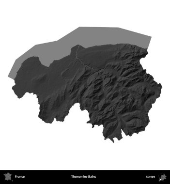 Thonon-les-Bains. Fransa 'nın idari bölgesi gri ölçekli yükseklik haritasında beyaza izole edildi