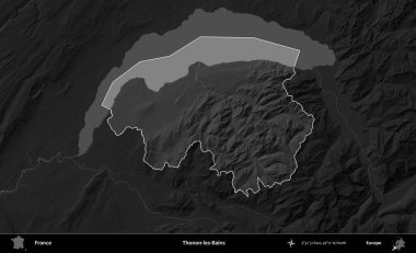 Thonon-les-Bains. Fransa 'nın idari alanı kararmış bir gri tonlama yükselme haritasına vurgulandı ve özetlendi