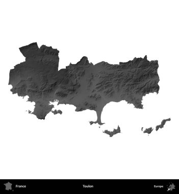 Toulon. Fransa 'nın idari bölgesi gri ölçekli yükseklik haritasında beyaza izole edildi