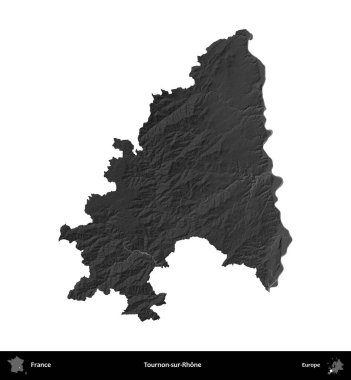 Tournon-sur-Rhone. Fransa 'nın idari bölgesi gri ölçekli yükseklik haritasında beyaza izole edildi