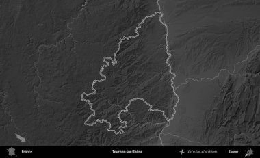 Tournon-sur-Rhone. Gri tonlu yükseklik haritasında Fransa 'nın idari bölgesinin ana hatları çizilmiş