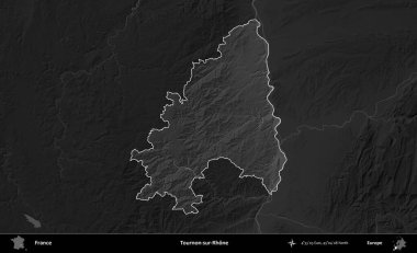 Tournon-sur-Rhone. Fransa 'nın idari alanı kararmış bir gri tonlama yükselme haritasına vurgulandı ve özetlendi