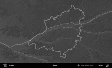 Turlar. Gri tonlu yükseklik haritasında Fransa 'nın idari bölgesinin ana hatları çizilmiş