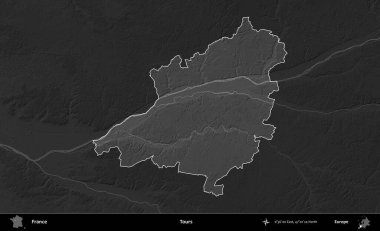 Turlar. Fransa 'nın idari alanı kararmış bir gri tonlama yükselme haritasına vurgulandı ve özetlendi