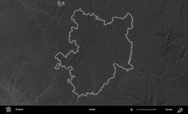Ussel. Gri tonlu yükseklik haritasında Fransa 'nın idari bölgesinin ana hatları çizilmiş