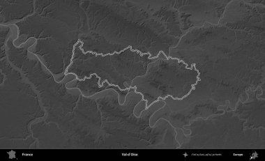 Val-d'Oise. Gri tonlu yükseklik haritasında Fransa 'nın idari bölgesinin ana hatları çizilmiş
