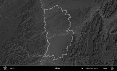 Valence. Gri tonlu yükseklik haritasında Fransa 'nın idari bölgesinin ana hatları çizilmiş