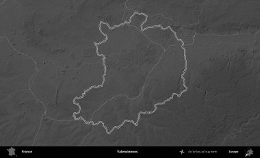 Valenciennes 'de. Gri tonlu yükseklik haritasında Fransa 'nın idari bölgesinin ana hatları çizilmiş