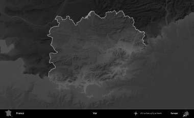 Var. Fransa 'nın idari alanı kararmış bir gri tonlama yükselme haritasına vurgulandı ve özetlendi