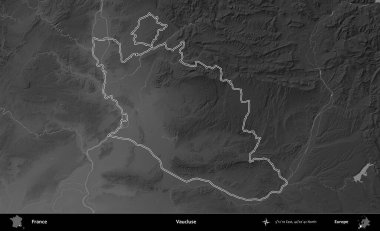 Vaucluse. Gri tonlu yükseklik haritasında Fransa 'nın idari bölgesinin ana hatları çizilmiş