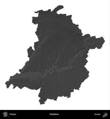 Vendome. Fransa 'nın idari bölgesi gri ölçekli yükseklik haritasında beyaza izole edildi
