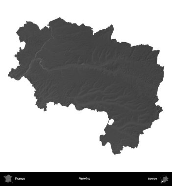 Vervinler. Fransa 'nın idari bölgesi gri ölçekli yükseklik haritasında beyaza izole edildi