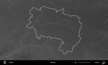 Vervinler. Gri tonlu yükseklik haritasında Fransa 'nın idari bölgesinin ana hatları çizilmiş