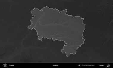 Vervinler. Fransa 'nın idari alanı kararmış bir gri tonlama yükselme haritasına vurgulandı ve özetlendi
