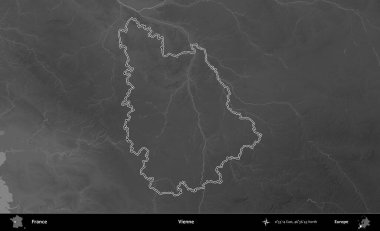 Vienne. Gri tonlu yükseklik haritasında Fransa 'nın idari bölgesinin ana hatları çizilmiş