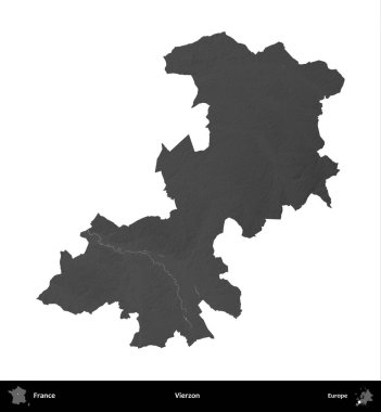 Vierzon. Fransa 'nın idari bölgesi gri ölçekli yükseklik haritasında beyaza izole edildi