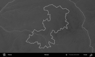 Vierzon. Gri tonlu yükseklik haritasında Fransa 'nın idari bölgesinin ana hatları çizilmiş