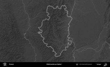 Villefranche-sur-Saone. Gri tonlu yükseklik haritasında Fransa 'nın idari bölgesinin ana hatları çizilmiş
