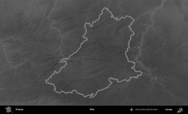 Vire. Gri tonlu yükseklik haritasında Fransa 'nın idari bölgesinin ana hatları çizilmiş
