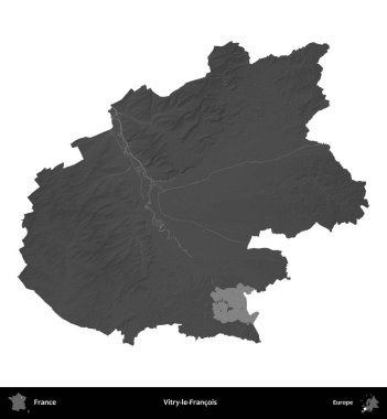 Vitry-le-Francois. Fransa 'nın idari bölgesi gri ölçekli yükseklik haritasında beyaza izole edildi