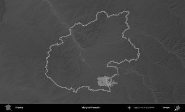 Vitry-le-Francois. Gri tonlu yükseklik haritasında Fransa 'nın idari bölgesinin ana hatları çizilmiş