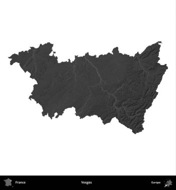 Vosges. Fransa 'nın idari bölgesi gri ölçekli yükseklik haritasında beyaza izole edildi
