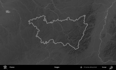 Vosges. Gri tonlu yükseklik haritasında Fransa 'nın idari bölgesinin ana hatları çizilmiş