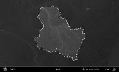 Yonne. Fransa 'nın idari alanı kararmış bir gri tonlama yükselme haritasına vurgulandı ve özetlendi
