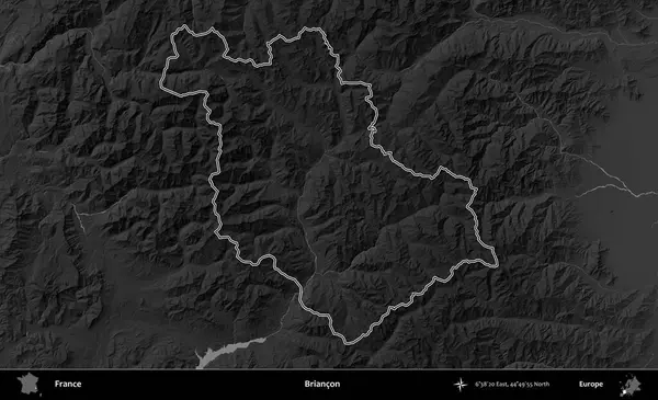 Briancon. Gri tonlu yükseklik haritasında Fransa 'nın idari bölgesinin ana hatları çizilmiş