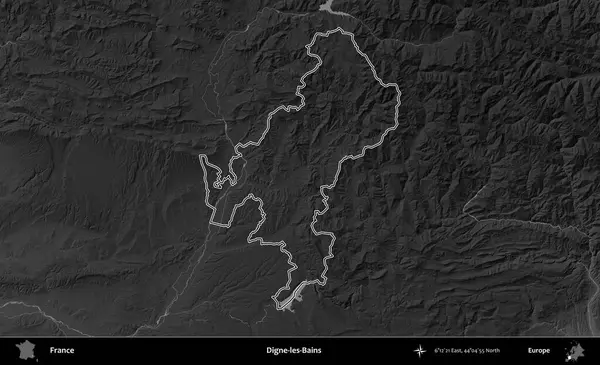 Digne-les-Bains. Gri tonlu yükseklik haritasında Fransa 'nın idari bölgesinin ana hatları çizilmiş