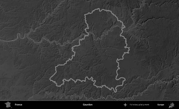 Gourdon. Gri tonlu yükseklik haritasında Fransa 'nın idari bölgesinin ana hatları çizilmiş