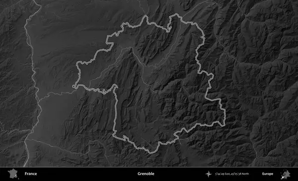 Grenoble. Gri tonlu yükseklik haritasında Fransa 'nın idari bölgesinin ana hatları çizilmiş
