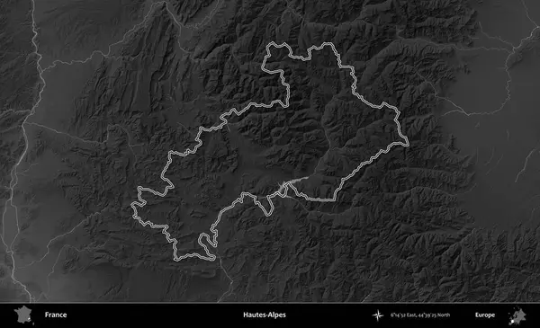 Hautes-Alpes. Gri tonlu yükseklik haritasında Fransa 'nın idari bölgesinin ana hatları çizilmiş